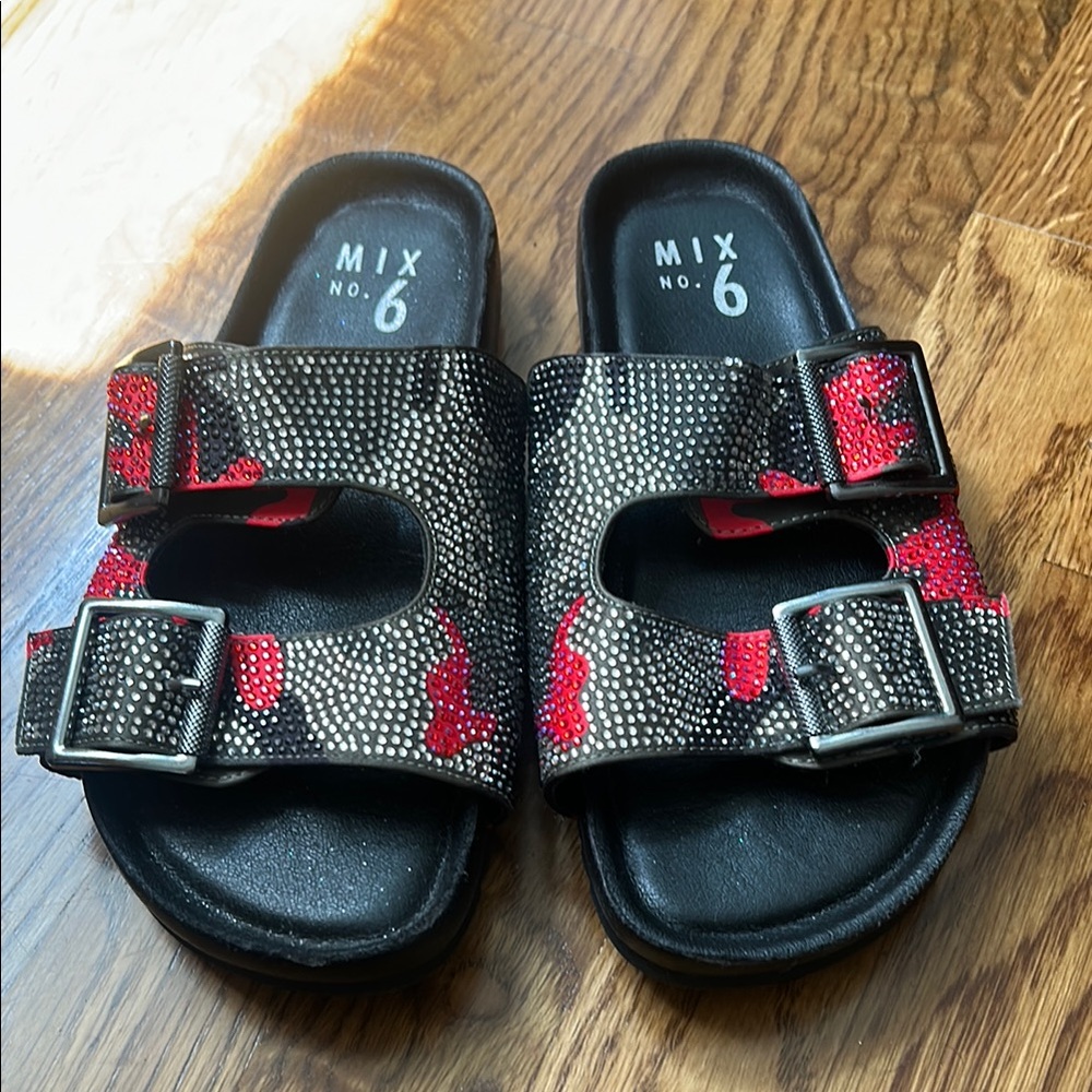 Mix No. 6 Black and Red “CAMO Bling”Slide Sandals [womens 6M]
